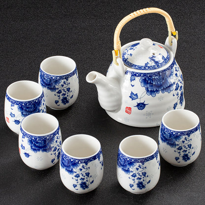 White Porcelain Large Tea Set With Strainer, Japanese Style Handle Pot, One Pot And Six Cups