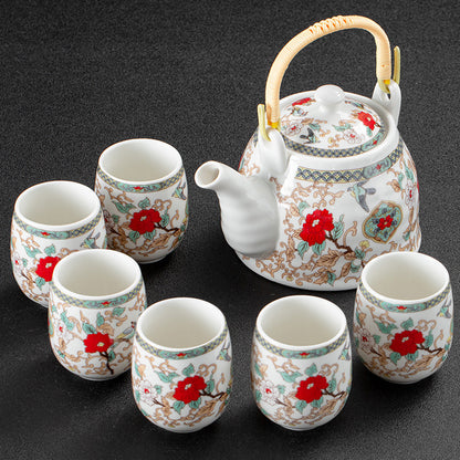 White Porcelain Large Tea Set With Strainer, Japanese Style Handle Pot, One Pot And Six Cups